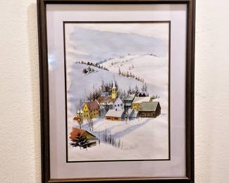 Henry John Vohs watercolor painting of a Winter Day of a New England Village 