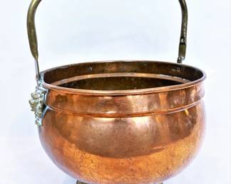 Large copper, brass and porcelain delft handle pot