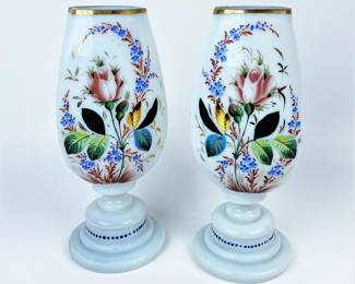 Pair of Victorian Hand Painted Opaline Glass Vases