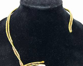 Free form brass necklace with pink quartz 
