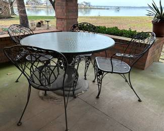 5 piece patio set with mesh metal seat chairs and pedestal table .