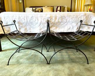Mid century Hollywood Regency wrought iron double Curule throne style seat bench