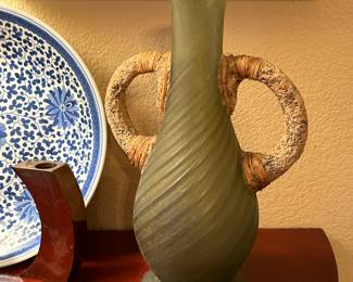 Hand blown glass bottle vase with pumice stone handles made in Mexico for Billy Moon