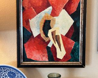 Abstract Cubist Painting by Myron Tim Palmer (1905-1985) Born in Wauseon, Ohio.  He studied at the Toledo Museum of Art Design School as well   in Chicago. He taught art at various schools while getting his master's degree in fine arts.   He resided in Pennsylvania and New Jersey before his retirement as a teacher. 