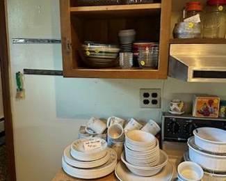 Corelle dish sets and vintage hamburger press