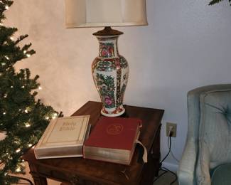 Side Table with One Drawer - 2 Large Bibles - Oriental Lamp