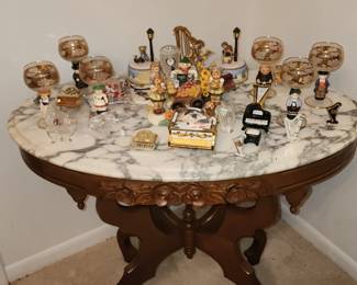 Antique Ornate Marble Top Oval Side Table - Set of 8 Hummel Crystal Glasses - Collection of Small Music Boxes