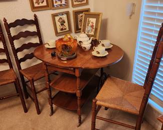 Drop Leaf Maple Vintage Tea Cart - This is with drop leaves up - Set of 3 Antique Ladder Back Chairs with Cane Seat - Hummel Tea Set