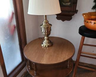 Maple 2 Tier Round Side Table - Brass Lamp