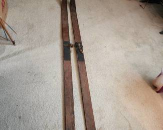Antique wooden skis approx 7 ft long