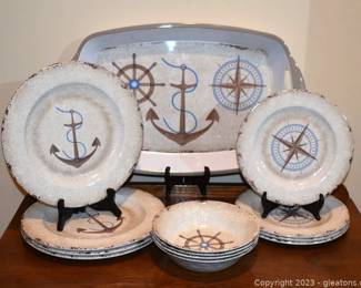 3 Pieces Place Setting of 4 Nautical Melamine by Stokes Plus Serving Tray