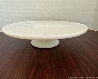 1960s Milk Glass Cake Stand with Snowflake Pattern and Scalloped Edge