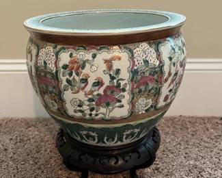 Chinese Hand Painted Ceramic Vase Planter with Stand