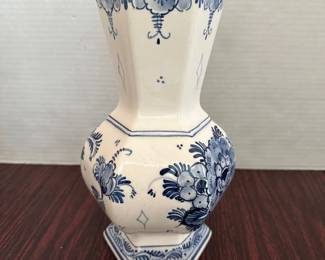 Delft Blue and White Hand Painted 6 Sided Vase