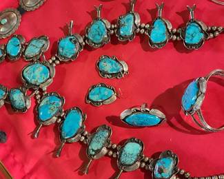 Rare signed Turquoise Squash Blossom with matching Bracelet, Ring, and earrings. All stones from the Kingman Mine!