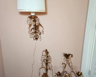 Lot 42 - Italian Gilt Tole Candle Sconces + Electric Wall Lamp