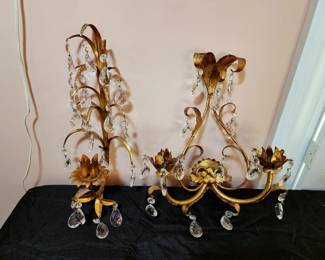 Lot 42 - Italian Gilt Tole Candle Sconces + Electric Wall Lamp