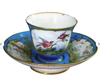 Lot 038  
Antique French Sevres Style Tea Cup and Saucer Hand Painted Birds Ca 18th C
