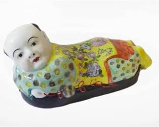 Lot 056  
Antique Chinese Porcelain Boy Pillow Hand Painted 15'' Large