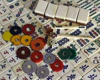 Lot 061  
Antique Chinese Mahjong Set, Dovetailed Bone Over Bamboo