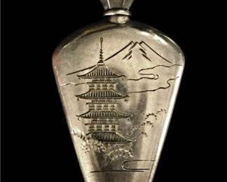 Lot 064 
Old Japanese Silver Perfume Bottle .950 Etched Pagoda