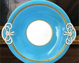 Lot 080  
Antique English Bleu Celeste or Turquoise Gold Beaded Platter / Cabinet Plate