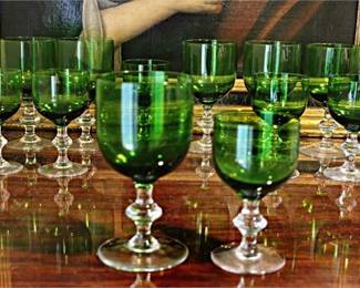 Lot 113  
12 Art Deco Crystal Green Wine Glasses Water Glasses
