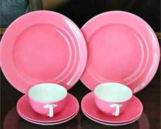 Lot 116  
Antique English Porcelain Pink Tea Cups Set for Two Cauldon Ca 1900's