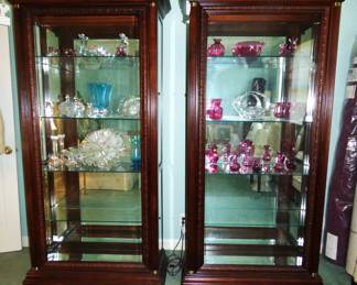 2 of the 6 Display Cabinets, Cranberry glass, other Crystal glassware