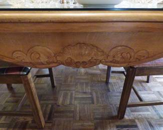 Close Up of carving on Oak Dining Table