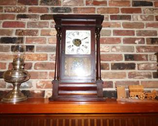 Antique Mantle Clock, Rayo Kerosene lantern, Wooden Musical Covered Wagon with Horses