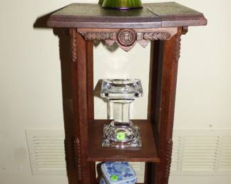 Antique oak plant stand with iron feet, Victorian Iridescent glass vase with applied flower