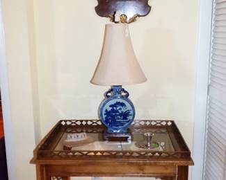 Antique GalleyTable, Blue & White Oriental Lamp, Antique Mirror