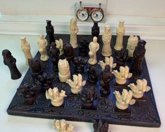 Ornately Carved Wood Renaissance Chess Board with Resin Chess Pieces