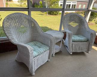 Wicker rocker, chair, and side table