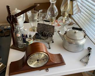 Antiques! Bottle capper, working waffle iron, antique oil lamps, working mantle clock, more not pictured