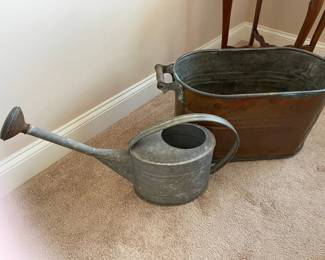 Antique watering can, copper laundry boiler