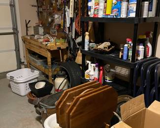 Work bench, tools, solid oak TV trays with stand, concrete planters, cleaning and gardening supplies