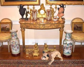 18th Century Italian Console Table, Pair Famille Verte Urns, 19th C. French Clock, Moser Lustres,  French Candelabra,  Pr. Wedgewood Urns, Terra Cotta Bust of Mozart, John Ferneley Horse Paintings, French Growler, French Empire Chenets, Meissen Cabinet Cup, Else Horne Art Deco Bronze Dancer 