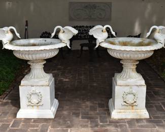 Pair of Classical Swan Handled Urns of Pedestals
