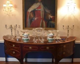 Exceptional George III mahogany sideboard with satinwood banding. Sheffield Epergne with original box, English Fruit Coolers, Assorted English Salts, Decanters & Coasters, Fine Early Cut Glass Pedestal Compotes, Portrait of the Earl of Leicester, 1738.