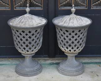 Pair of English Lead Basket Weave Garden Urns With Covers.