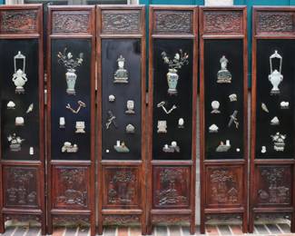 Important Chinese Hong Mu Jade, Hardstone & Cloissonne Mounted Six Panel Screen