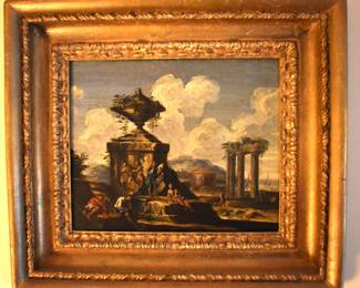 18th Century Italian School Capriccio Landscape, Period Gilt Carved Frame With Early Red Wax Collection Seal And Old Label With Attribution to Giovanni Paolo Panini (1691-1765) On Reverse.  Sight 9" x 12" Frame 15 1/4" x 17 1/4"
