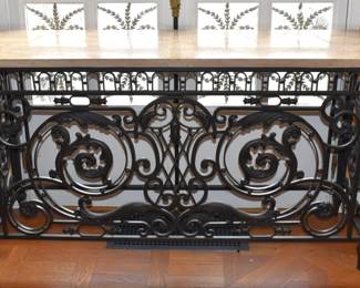 Pair Wrought Iron Marble Top Console Tables