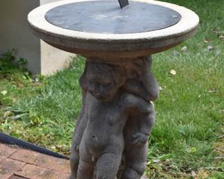 Large Cast Stone Figural Bronze Sundial  Height 28 1/2" Diameter 20 1/2"