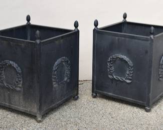 Large Pair of Classical Wreath Decorated Garden Planters. Height 27 1/2" x 21" Square