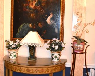 Pair Of Italian Still Lifes, Pair Of Old Paris Wine Coolers, Pair Of Green Tole Lamps, Pair Of Adam's Style Polychrome, Demilune Console Tables, Pair of Antique Hepplewhite Stands, Pair of French Wine Coolers