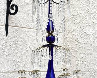 19th Century Russian Blue Glass & Brass Chandelier.  Height 40" Diameter 19"
