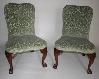 Rare Pair of 18th Century George II Carved Mahogany Cut Velvet Upholstered Sidechairs 